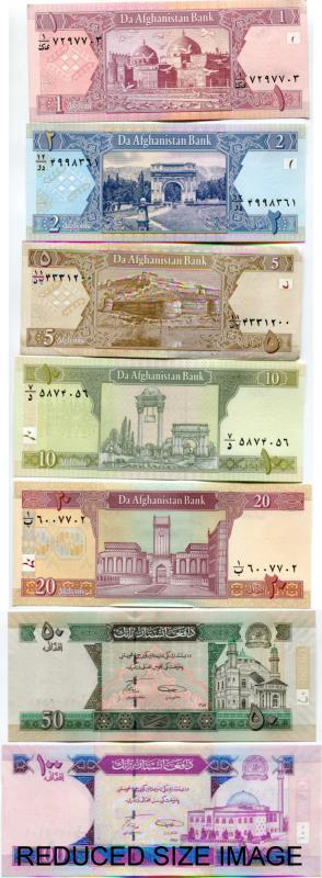 Current Afghanistan banknotes: 1 - 100 Afghani