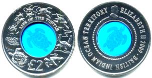 British Indian Ocean Territory 2 Pounds 2009 Silver and Crystal coin featuring turtles.