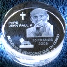 Polished Acrylic coin featuring Pope John Paul II from the Congo Democratic Republic