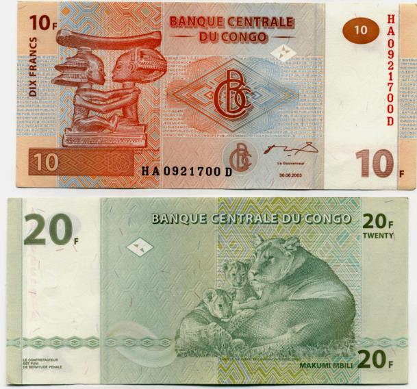 Congo Democratic Republic 10 & 20 Franc notes