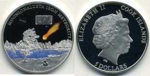 Cook Islands 5 Dollars 2011 coin with piece of Muonionalusta iron meteorite