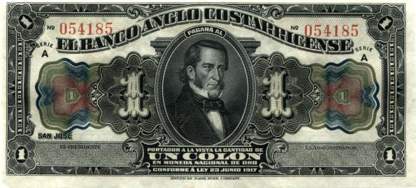Banco Anglo-Costarricense 1 Colon banknote 1917
