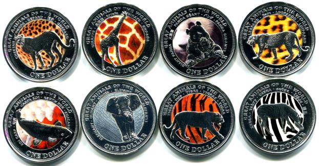 Fiji set of 8 dollar coins picturing wild animals and their fur or skin.