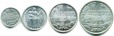 French Oceania 4 coin set: 50 Centimes, 1, 2 & 5 Francs