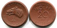 Germany 20 Pfennig red porcelain coin of Fredrich Wolff, Dresden