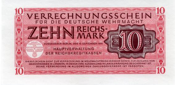 German 10 Reichsmark military note Nazi Germany 10 Reichsmark military currency note of 1944
