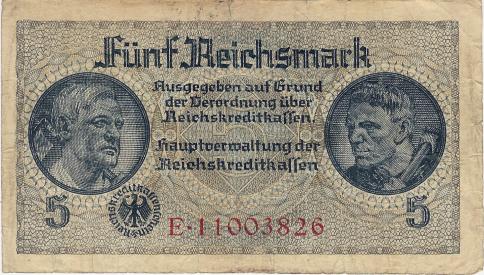German 5 Reichsmark WWII occupation currency