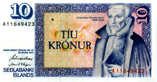 Iceland 10 Kronur note dated 1961, issued 1981 P48