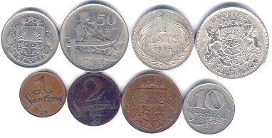 Latvia pre-WWII 8 coin set 1 Santimis to 2 Lats