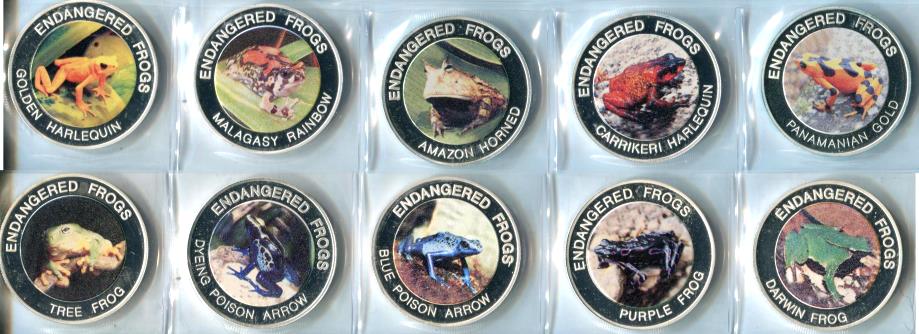 Malawi set of 10 multi-colored Endangered Frog 10 Kwacha coins, 2010 Proof