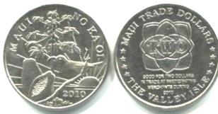 Maui 2010 Two Dollar Trade coin featuring an I'iwi bird and Papayas