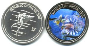Palau 1 Dollar 2005 Lionfish / Mermaid riding dolphin