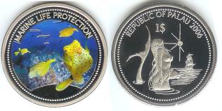 Palau $1 2006 Box Fish / Mermaid and Ship
