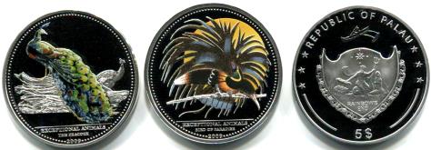 Palau Peacock and Bird of Paradise 5 Dollar sterling silver coins
