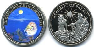 Palau silver 5 Dollars 1994, Nautilus / Neptune and topless mermaid