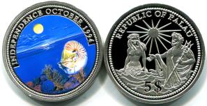 Palau silver 5 Dollars 1994, Nautilus / Neptune and topless mermaid