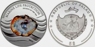 Palau 2013 silver proof 5 dollar coin with embedded pearl