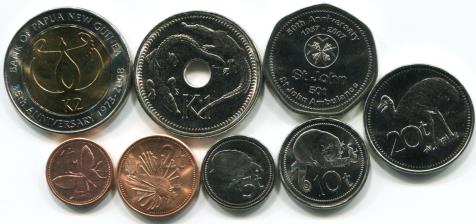 Papau New Guinea 8 coin set includes wildlife and bimetallic coin