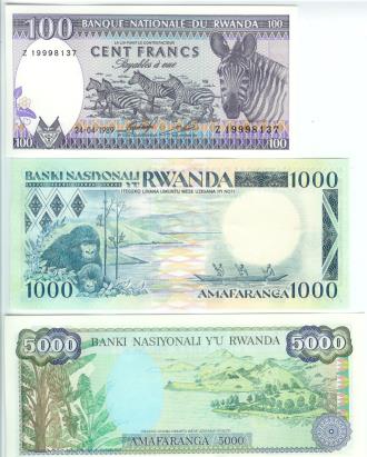 Rwanda 3 Note Set: 100 - 5000 Francs 1988-89