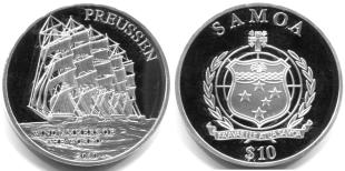 Samoa silver proof coin depicting sailing ship Preussen