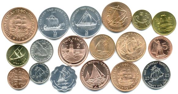 coins picturing sailing ships and boats