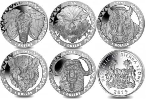 Sierra Leone set of five 2019 African wildlife coins: Elephant, Lion, Rhino, Leopard and Cape Buffalo