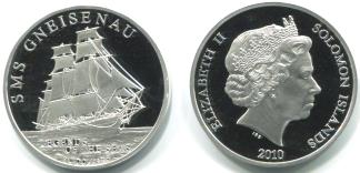 Solomon Islands silver proof coin depicting sailing ship SMS Gneisenau