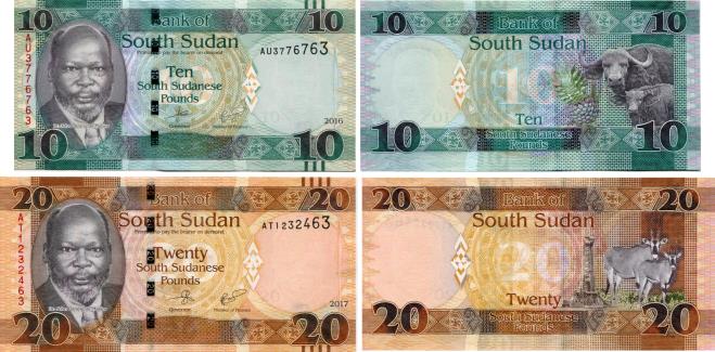 South Sudan 10 and 20 Pound banknotes 2016-2017 P12 & P13