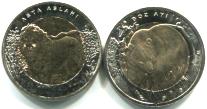 Turkish bimetal 1 Lira picture Asian Lion and Grizzly Bear