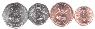 Uganda 1, 2, 5 & 10 Shilling multi-sided coins, 1987, KM27-30