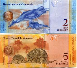 Venezuela 2 & 5 Bolivares Notes feature wildlife on the backs