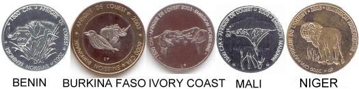 Coins of Benin, Burkina Faso, Ivory Coast, Mali and Senegal
