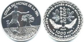 West African States silver 1000 Franc soccer commemorative coin