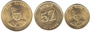 Zaire 1, 5 & 10 Zaire coins, 1987-1988 KM13, 14 & 19