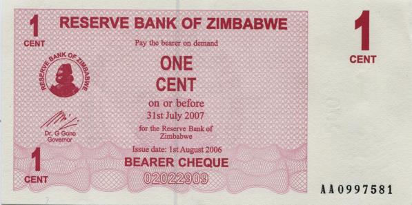 Zimbabwe 1 Cent bearer cheque note