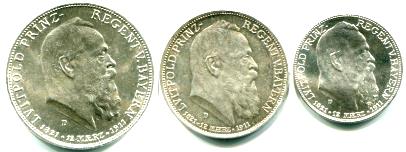 Bavaria 2, 3 & 5 Mark 1911, 90th Borthday of Prince Regent Luitpold KM997-KM999