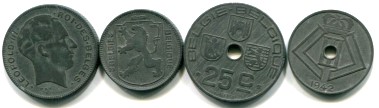 Nazi occupied Belgium 4 coin set: 10 Centime, 25 Centime, 1 Franc, 5 Francs 1941-1946 Nazi occupied Belgium 4 coin set: 10 Centime, 25 Centime, 1 Franc, 5 Francs 1941-1946