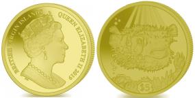 British Virgin Islands 5 Dollars coin 2019, golden yellow titanium, Porcupine Fish.
