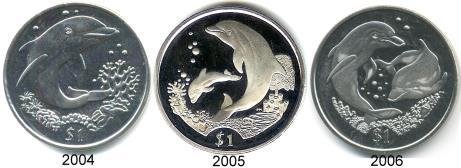 British Virgin Islands 1 Dollar Dolphin coins: 2004 KM286, 2005 KM312, 2006 KM329