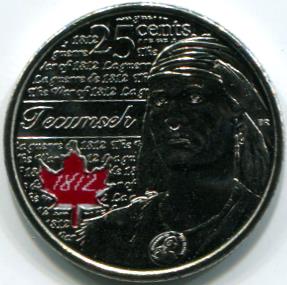Canada 2012 Coloured Tecumseh 25 cents Canadian quarter 