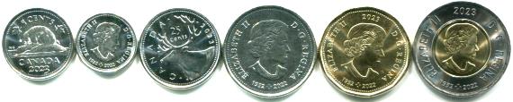 Canada 6 coin set, 2023, 5 Cents to 2 Dollars, depicting Queen Elizabeth