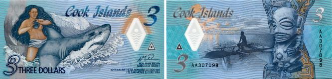 Cook Islands 3 Dollar 2021 banknote depicting a woman riding a shark
