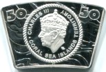 Obverse of Coral Sea Islands Territory 2026 50 Dollars color coins depicts King Charles III