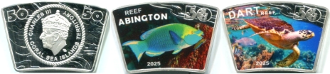 Coral Sea Islands Territory $50 coins for Abington Reef and Dart Reef