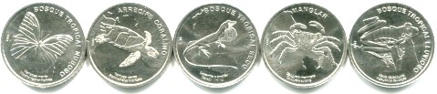 Costa Rica set of 5 wildlife 50 Colones 2023 coins: Menelaus blue morpho butterfly, Silky anole lizard, Hawksbill turtle, Marine crab and Red-eyed tree frog