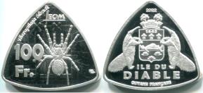 Devil's Island (Ile du Diable) 100 Francs 2022 triangular coin depicting Goliath birdeater spider