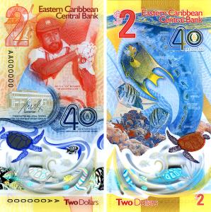 East Caribbean Polymer 2023 2 Dollar note commemorating Central Bank's 40th Anniversary