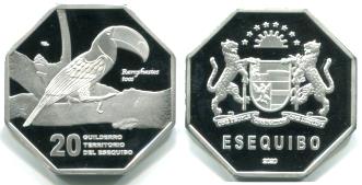 Esquibo 20 Guilderro 2020 coin features toucan