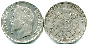 France 5 Francs Napoleon III 1867-1870 KM799 France 5 Francs Napoleon III 1867-1870 KM799