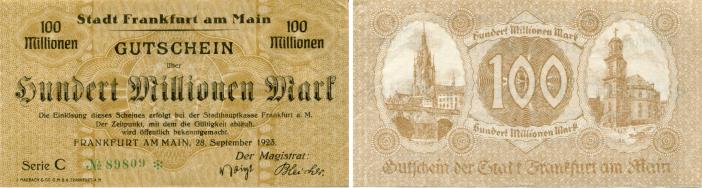 Frankfurt, Germany 100 Million Mark note, September 28 1923